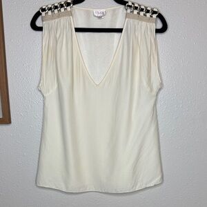 Parker 100% Silk Blouse Cream V-Neck with Chain Detail - Small‎
